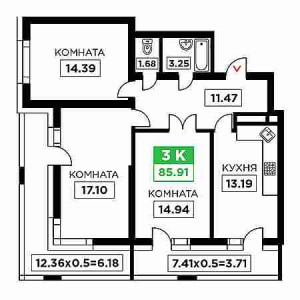 3 комнатная 85.91м²