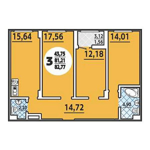 3 комнатная 82.77м²