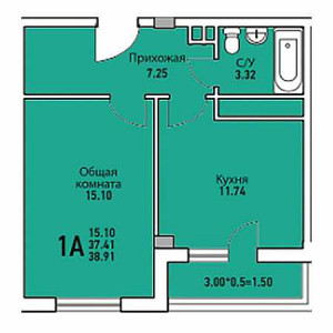 1 комнатная 38.91м²