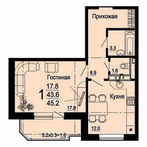 1 комнатная 45.2м²