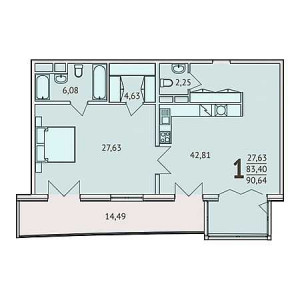 1 комнатная 90.64м²