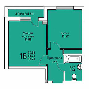 1 комнатная 35.21м²