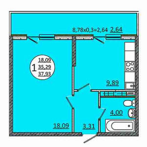 1 комнатная 37.93м²