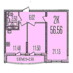 2 комнатная 56.56м²