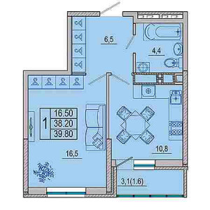 1 комнатная 39.8м²