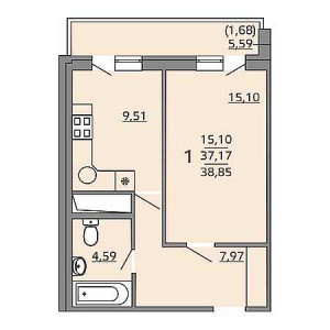 1 комнатная 38.85м²