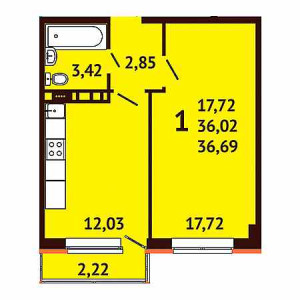 1 комнатная 36.69м²