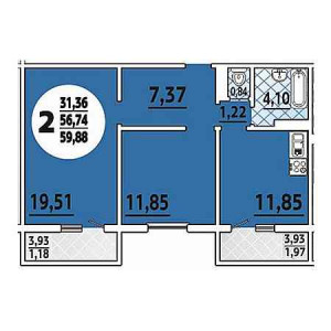 2 комнатная 59.88м²