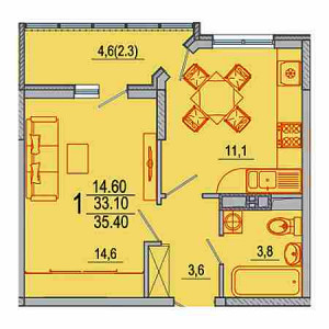 1 комнатная 35.4м²