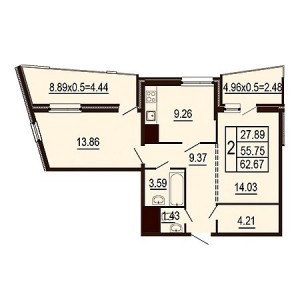 2 комнатная 62.67м²