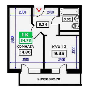 1 комнатная 34.73м²