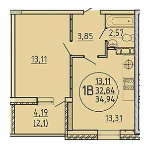 1 комнатная 32.94м²