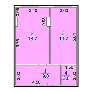 1 комнатная 45.6м²