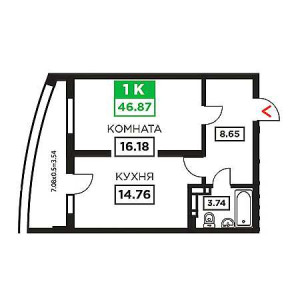 1 комнатная 46.87м²