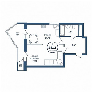 1 комнатная 51.15м²