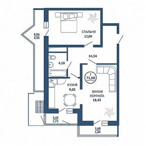 2 комнатная 71.08м²