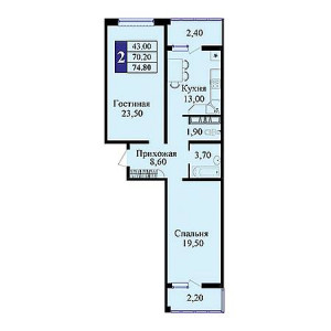 2 комнатная 74.8м²