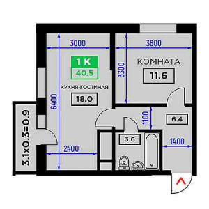 1 комнатная 40.5м²