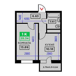 1 комнатная 35.34м²