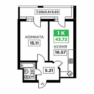 1 комнатная 43.72м²