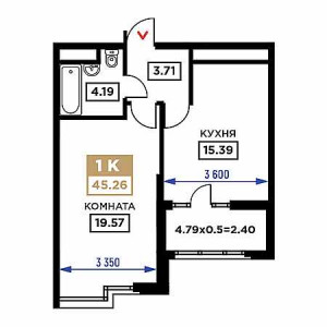 1 комнатная 45.26м²