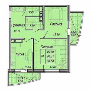 2 комнатная 59.34м²