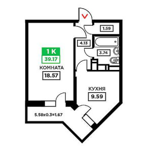 1 комнатная 39.17м²