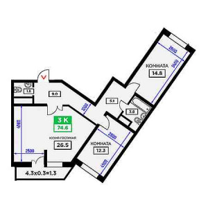 3 комнатная 74.6м²