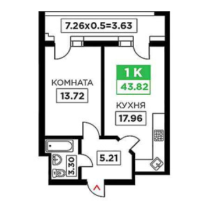 1 комнатная 43.82м²