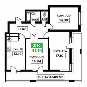 3 комнатная 85.94м²