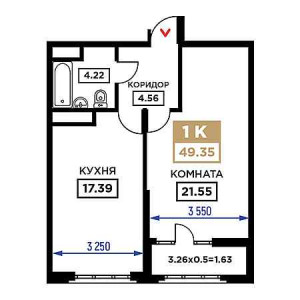 1 комнатная 49.35м²