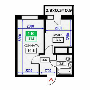 1 комнатная 31.1м²