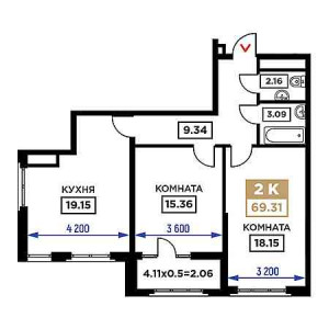 2 комнатная 69.31м²