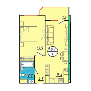 1 комнатная 41.47м²