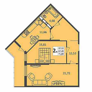 2 комнатная 71.89м²