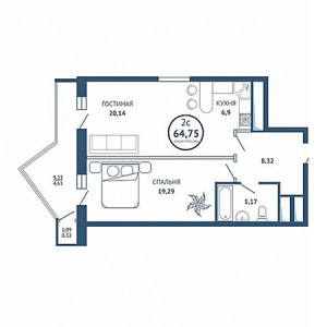 2 комнатная 64.75м²