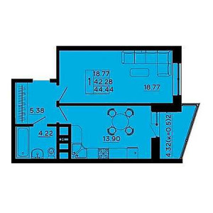 1 комнатная 44.44м²