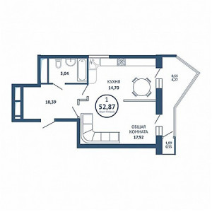 1 комнатная 52.87м²