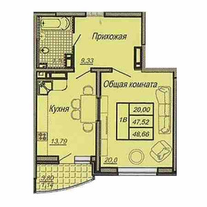 1 комнатная 48.66м²