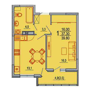 1 комнатная 39.8м²