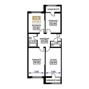 3 комнатная 83.86м²