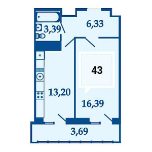 1 комнатная 43м²