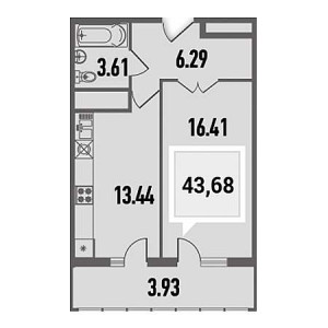 1 комнатная 43.68м²