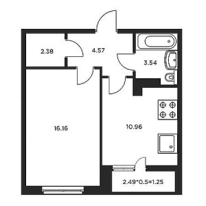 1 комнатная 38.87м²