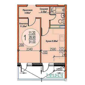 1 комнатная 31м²