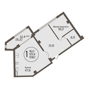 1 комнатная 108.1м²