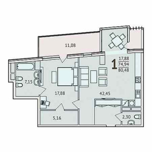 1 комнатная 80.48м²