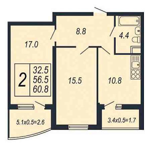 2 комнатная 60.8м²