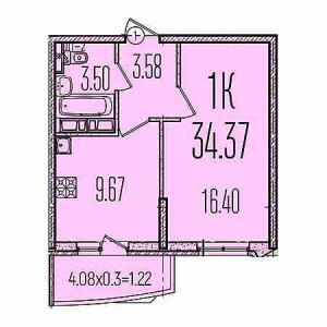 1 комнатная 34.37м²