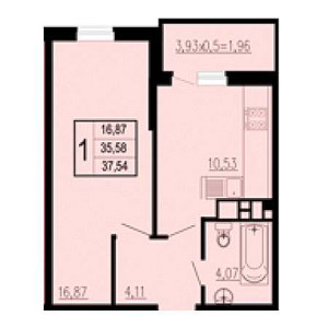 1 комнатная 37.54м²